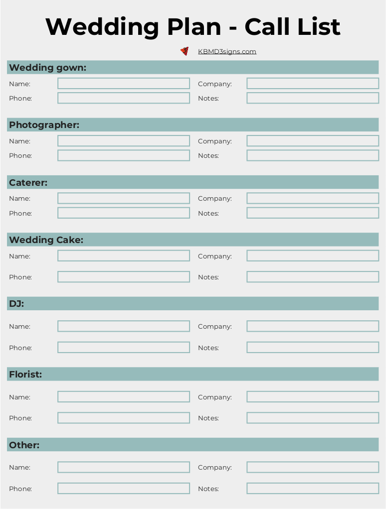 Wedding preparation, vendor call list
