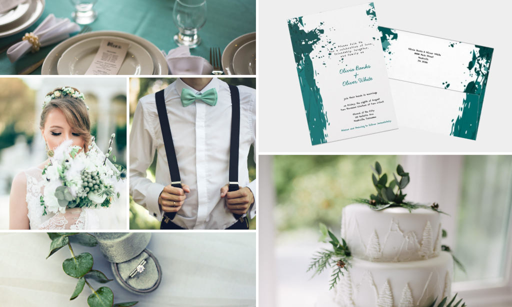 spring wedding mood-board with teal green splatter wedding invitation 