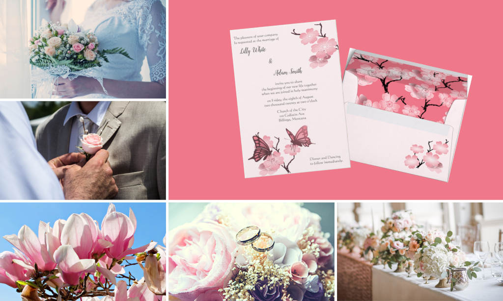 pink spring wedding mood-board with pink butterfly wedding invitation