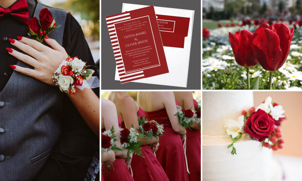 spring wedding mood-board with white and red striped wedding invitation 
