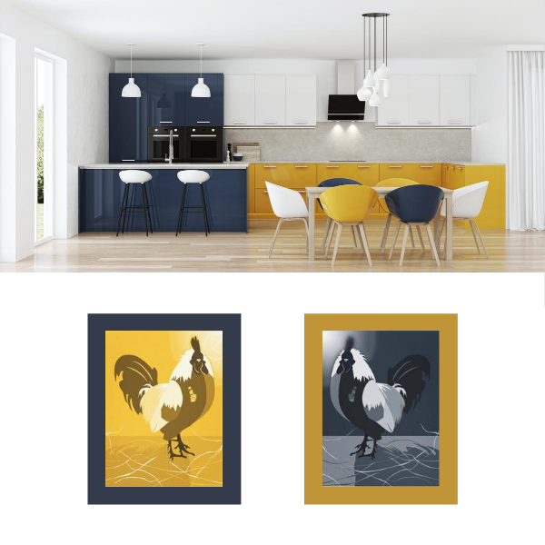Yellow Rooster And Blue Rooster Wall Decor For Blue Kitchen