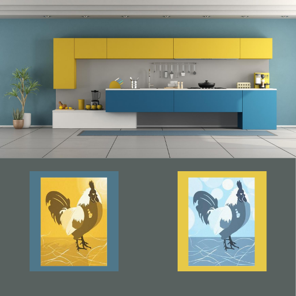 Yellow Rooster And Light-blue Rooster Wall Art Decor For Yellow And Teal Kitchen