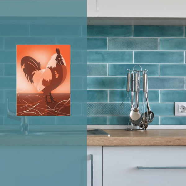 Orange-Red Rooster Wall Art Decor For Teal Kitchen
