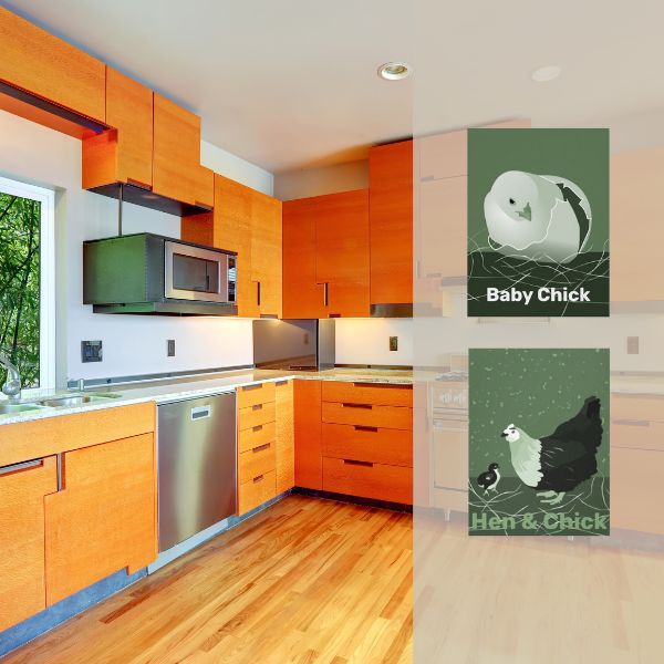 Moss-green hen and chick wall decor decorate an orange kitchen