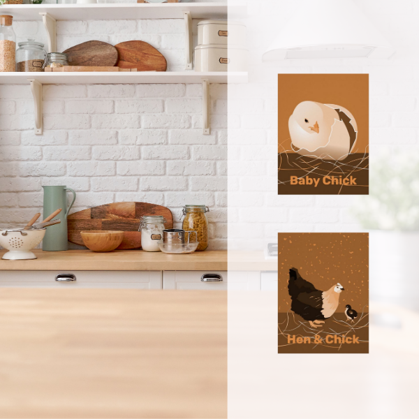 Orange hen and chick print in white kitchen with wooden counter