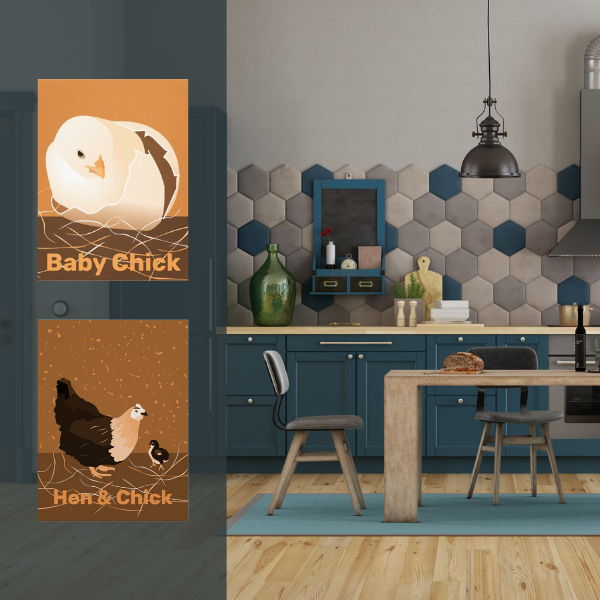 Orange hen and chick print and grey kitchen