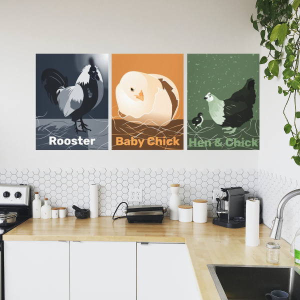 A set of three art prints show a rooster, a hatching chick and a hen decorating a kitchen wall