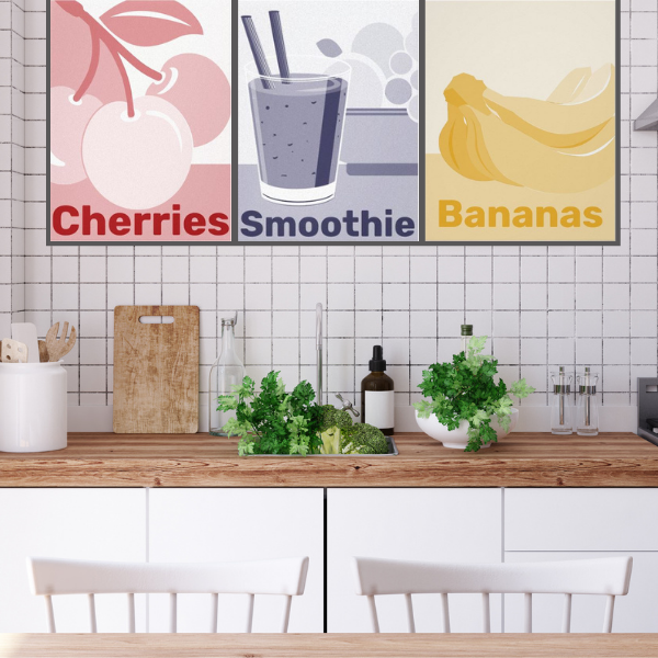 Colorful Country Style Kitchen Wall Decor in Red Cherries, Blue Smoothie, Yellow Banana