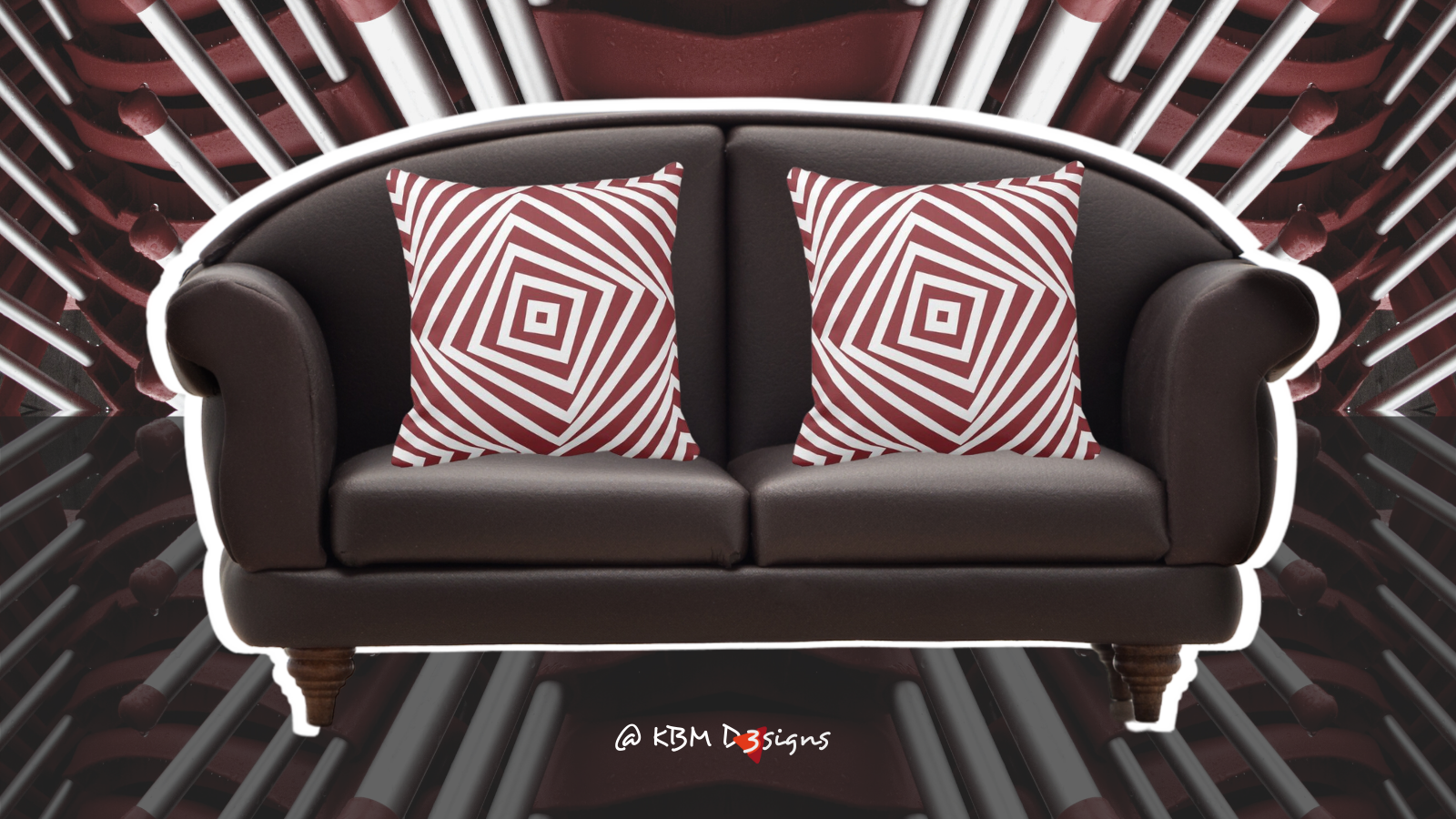 Red Throw Pillows Printed With A Square Spiral Pattern