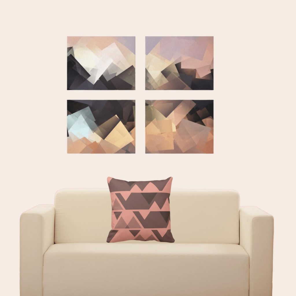 Sandy orange throw pillow with jaggered pattern on white armchair with abstract landscape art print