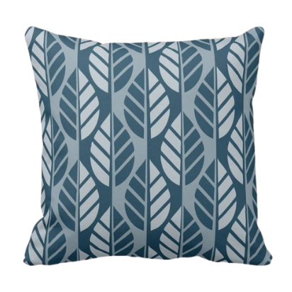 Blue throw pillow with leaves pattern
