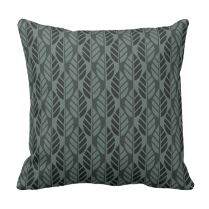 Grey throw pillow with leaves pattern