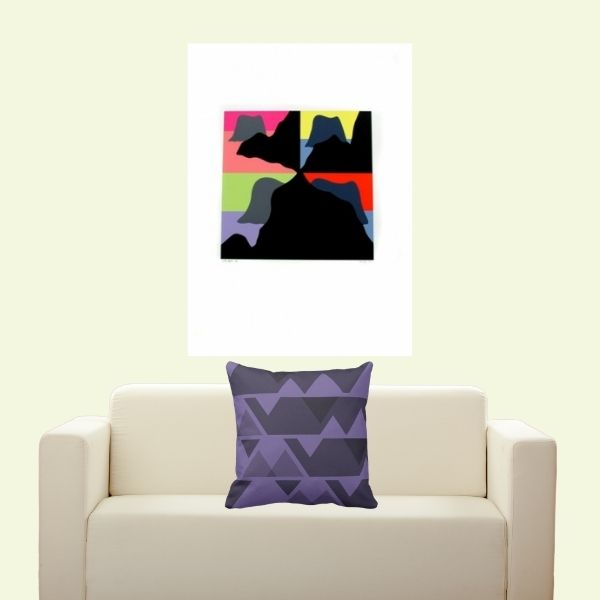 Purple throw pillow with jaggered pattern on white armchair with abstract landscape of Mohutamatanga in New Zealand by Michael Smither