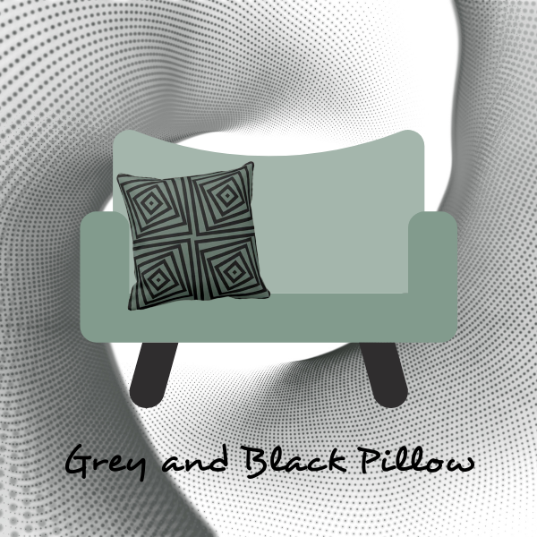 Grey and black pillow with black pattern