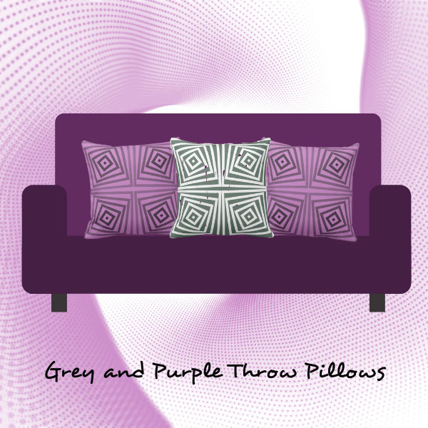 Grey and purple cushions on a purple couch