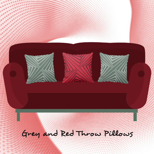 Grey and red pillows on a red couch