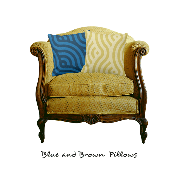 pillows in light-brown and blue decorate an armchair