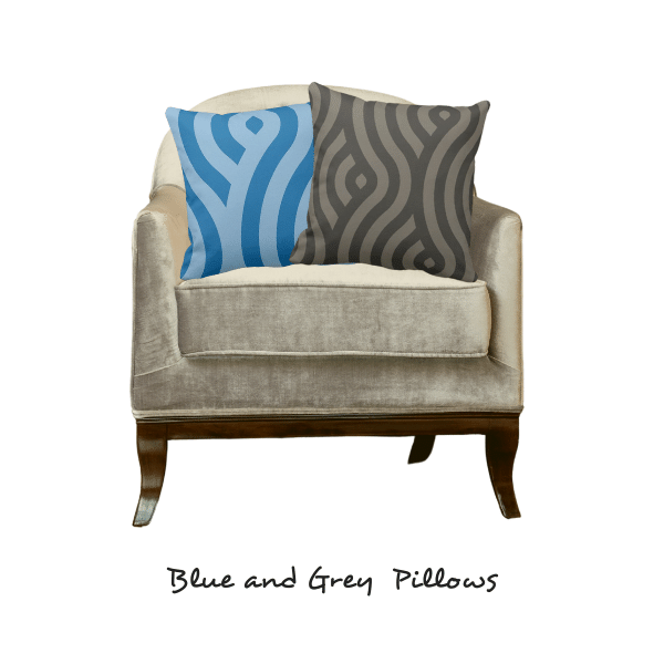 Grey and blue throw pillow on grey armchair