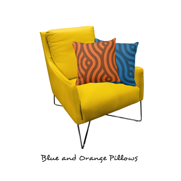 Blue and orange pillow on yellow armchair