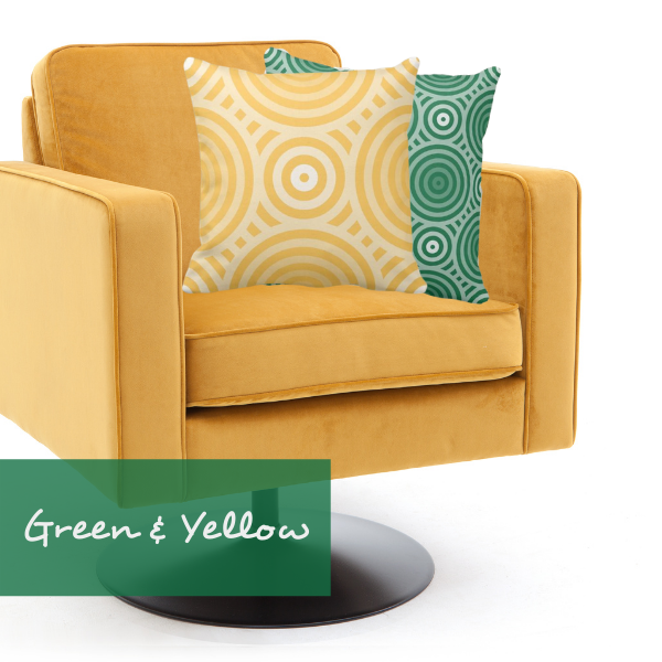 Green and yellow with a nested circular pillow on a yellow armchair