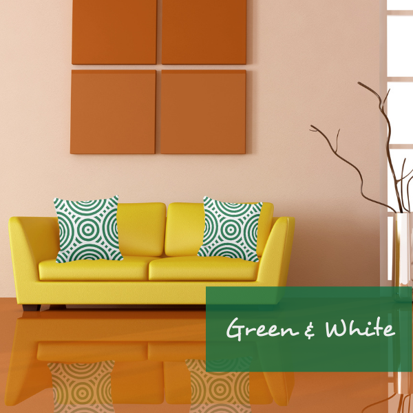 green and white pillow with circular pattern on yellow couch