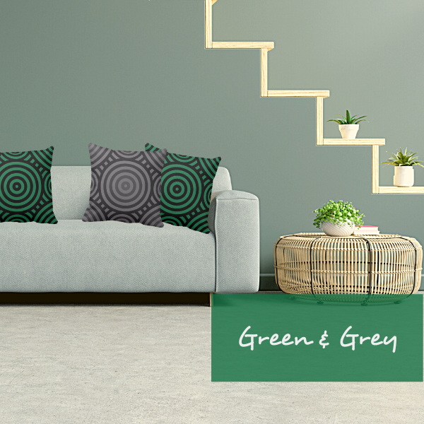 green and gray pillows with circular pattern on gray couch