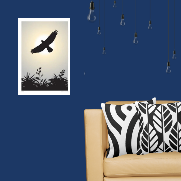 Kahu a New Zealand hawk photography is accented with black and white cushions 