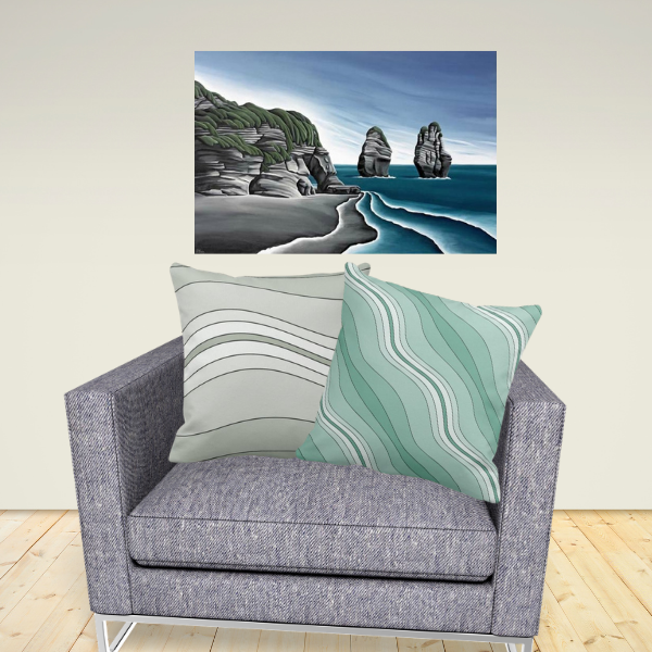 Art Meets Pillows - Taranaki Cliffs by Diana Adams paired up with a green and grey pillows showing the wavy stripes pattern