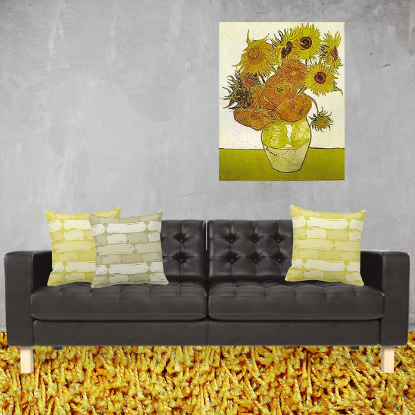 Van Gogh Painting Twelve Sunflowers Meet Yellow and Brown Pillows with Brick Wall Pattern