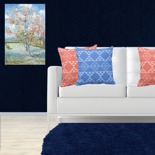 Van Gogh Painting Pink Peach Tree Blossom Meet Pink and Blue Pillows with Triangle Pattern