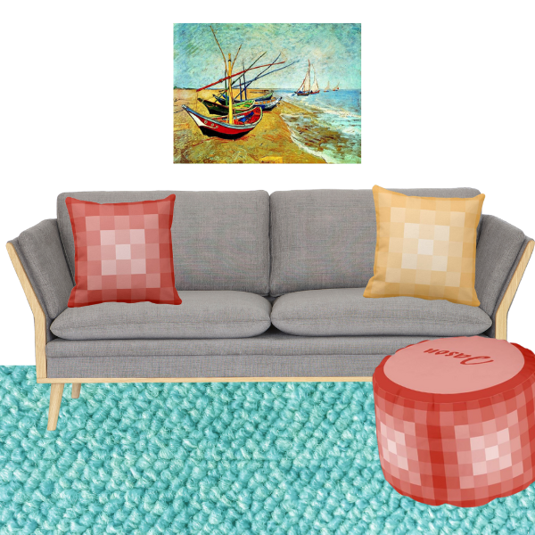 Fishing Boat on the Beach by Van Gogh Meet Yellow and Orange Pillows with Pixel Pattern