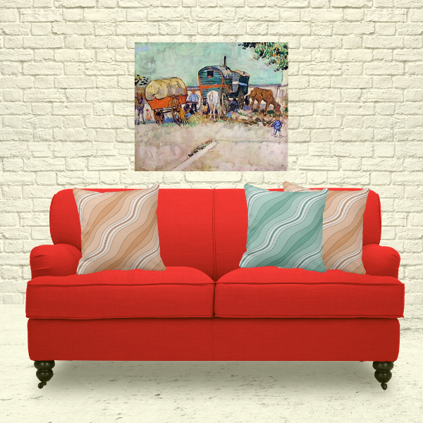 Gypsies with Caravan by Van Gogh Meet Brown and Green Pillows with Layers Pattern