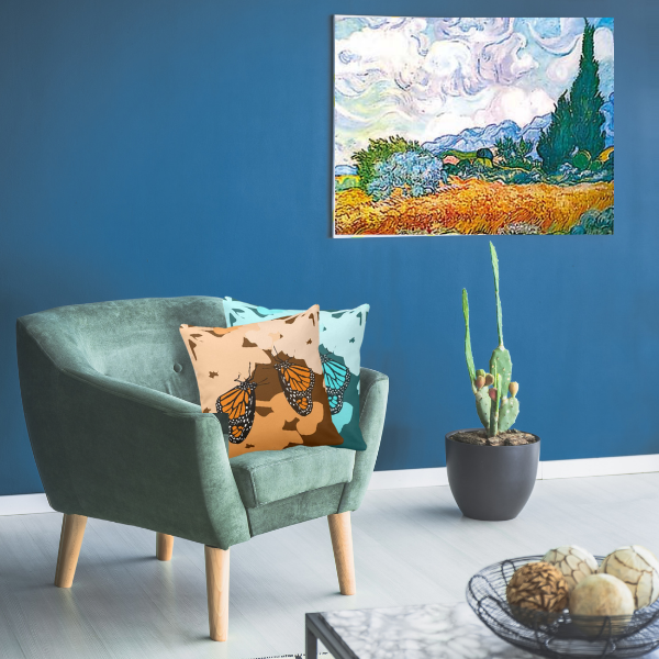 Wheat Field with Cypresses by Vincent Van Gogh Meet Orange and Turquoise Pillows with Monarch Butterfly Pattern