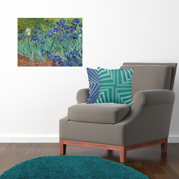 Irises by Vincent Van Gogh Meet Blue and Green Pillows with Angeled Pattern