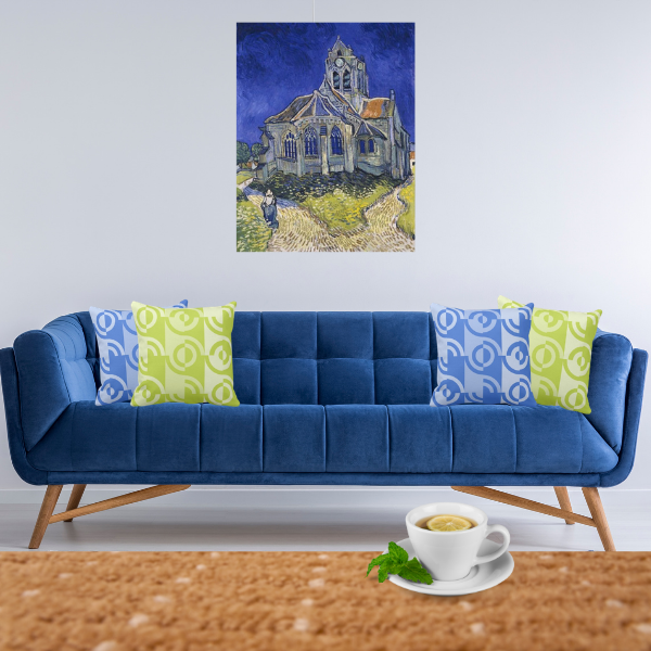 The Church at Auvern by Vincent Van Gogh Meet Blue and Green Pillows with Fragmented Circle Pattern