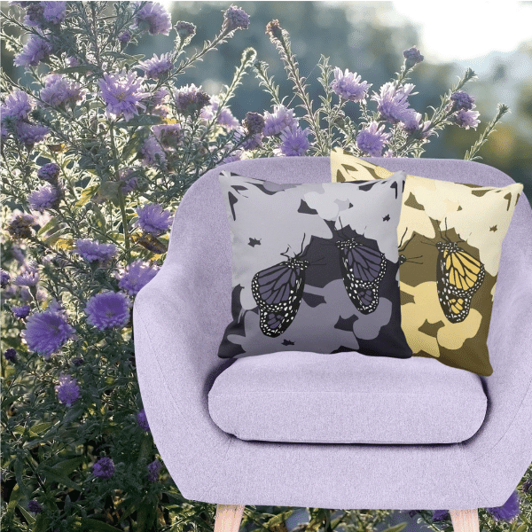 square purple and yellow pillows with feeding Monarch butterfly pairs