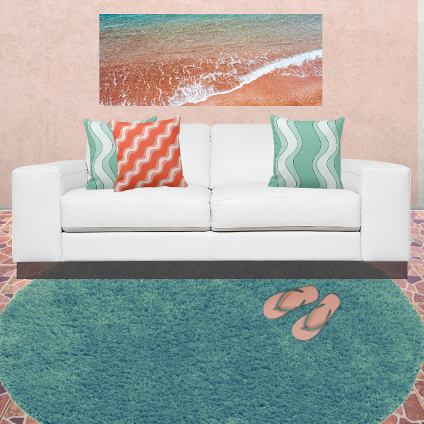 Turquoise and orange throw pillows with ripple pattern