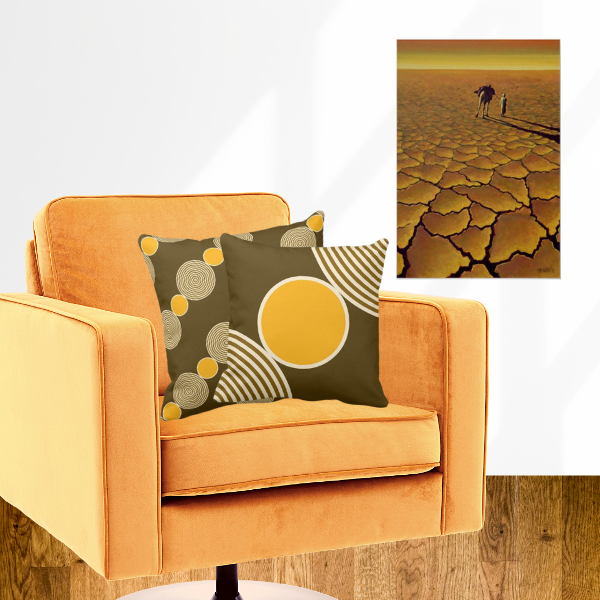 Yellow beads patterned pillows with art print Saharan Journey by Tilly Willis