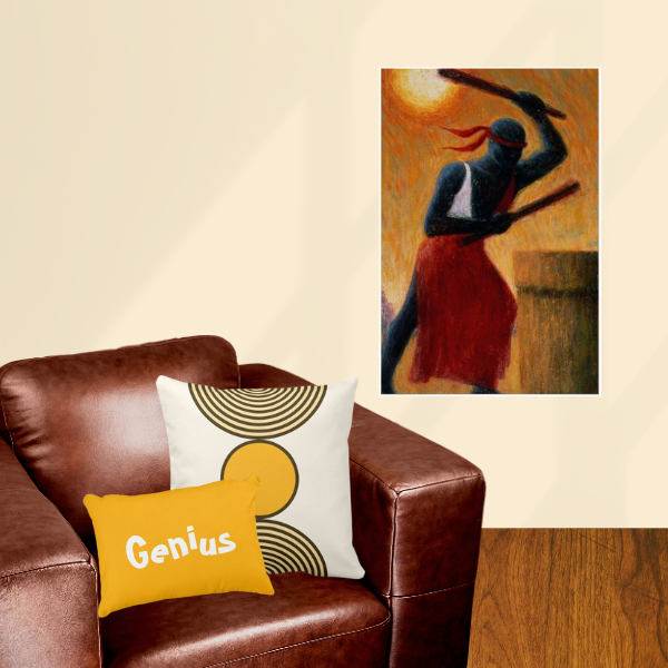 Yellow beads patterned pillows with art print The Drummer by Tilly Willis