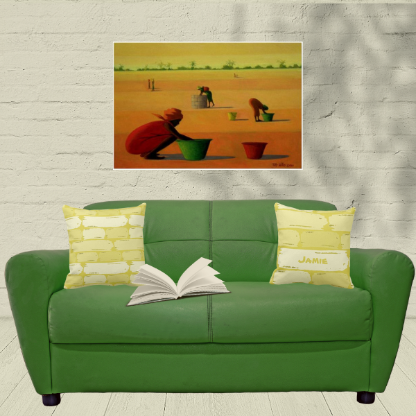 Yellow brick wall patterned pillows with art print Woman's Work by Tilly Willis