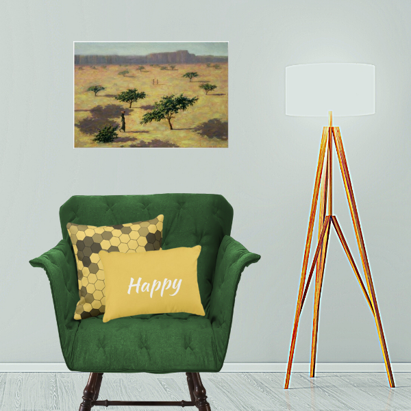 Yellow honeycomb patterned pillows with art print Sahelian Landscape, Mali by Tilly Willis