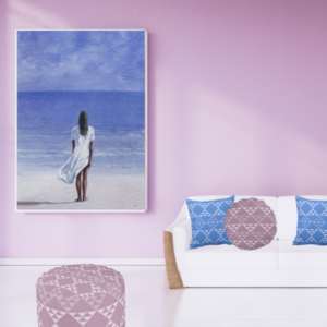 Art print Girl on Beach by Lincoln Seligman and one purple and one blue pillow with triangle pattern by KBM D3signs