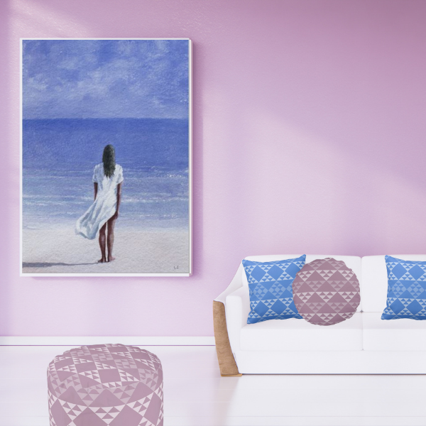 Art print Girl on Beach by Lincoln Seligman and one purple and one blue pillow with triangle pattern by KBM D3signs