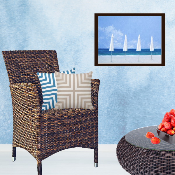 Art print Beach Umbrellas by Lincoln Seligman and one grey and one blue pillow with nested box pattern by KBM D3signs