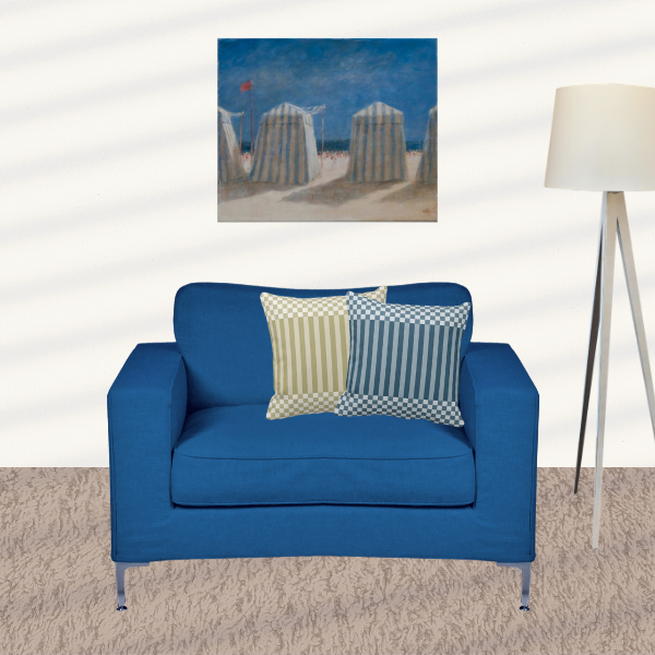 Beach Tents Brittany art print by Lincoln Seligman and one grey and one blue pillow with stripes and checkers pattern by KBM D3signs