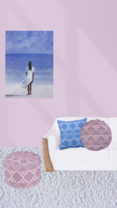 Art print Girl on Beach by Lincoln Seligman and one purple and one blue pillow with triangle pattern by KBM D3signs