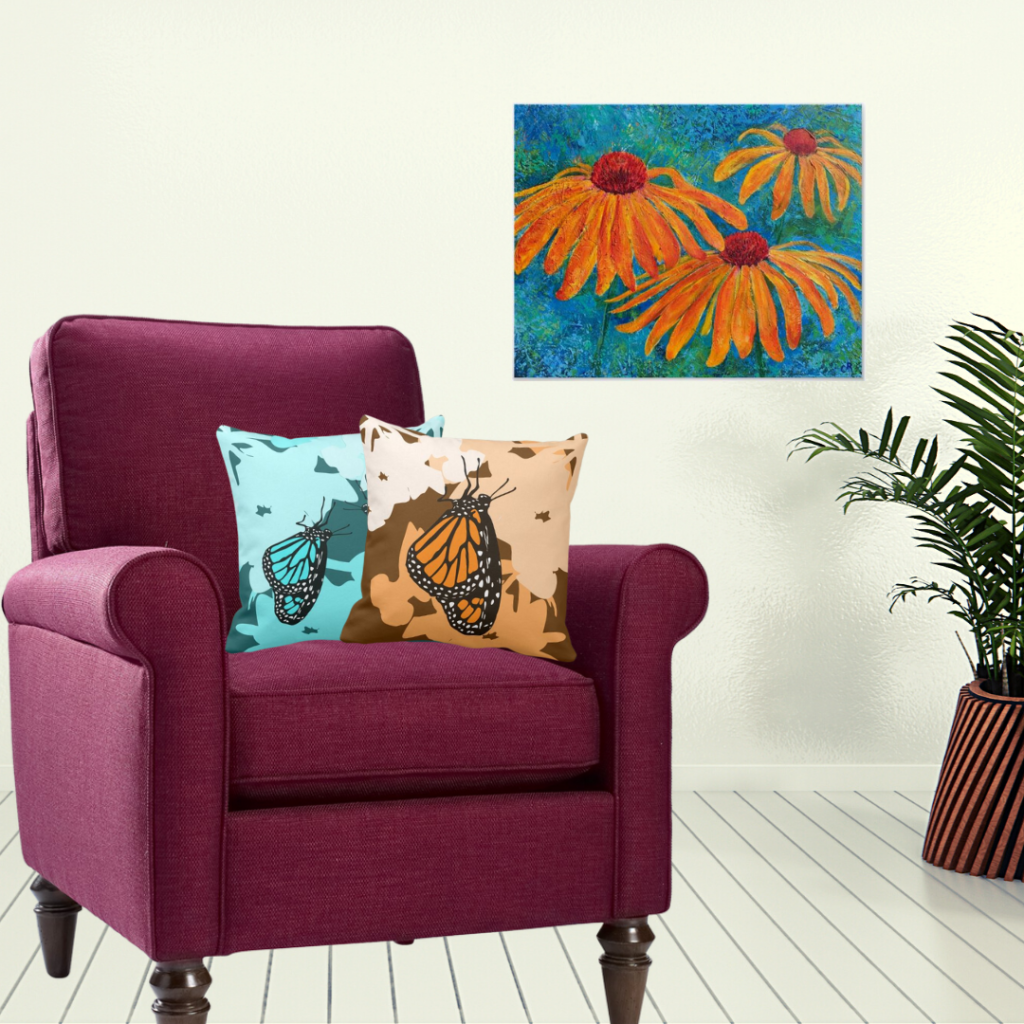 Coneflower Trio By Chris Rice And Turquoise And Orange Monarch Butterfly Pillows