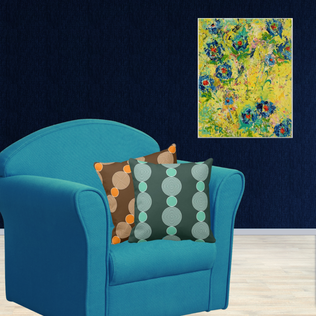 Blossoming Blue By Chris Rice And Turquoise And Orange Beads Patterned Pillows