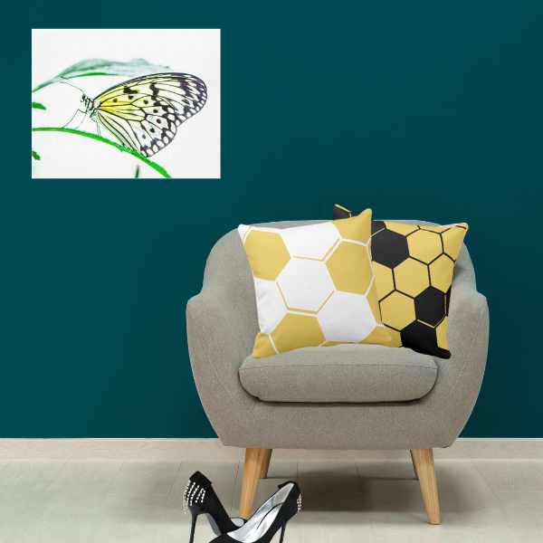 Butterfly photography poster and pillows with hexagon pattern in yellow white and yellow black