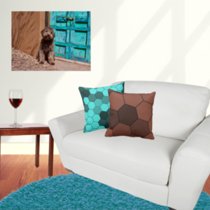 Lagotto Romagnolo photography poster and pillows with hexagon pattern in turquoise and brown